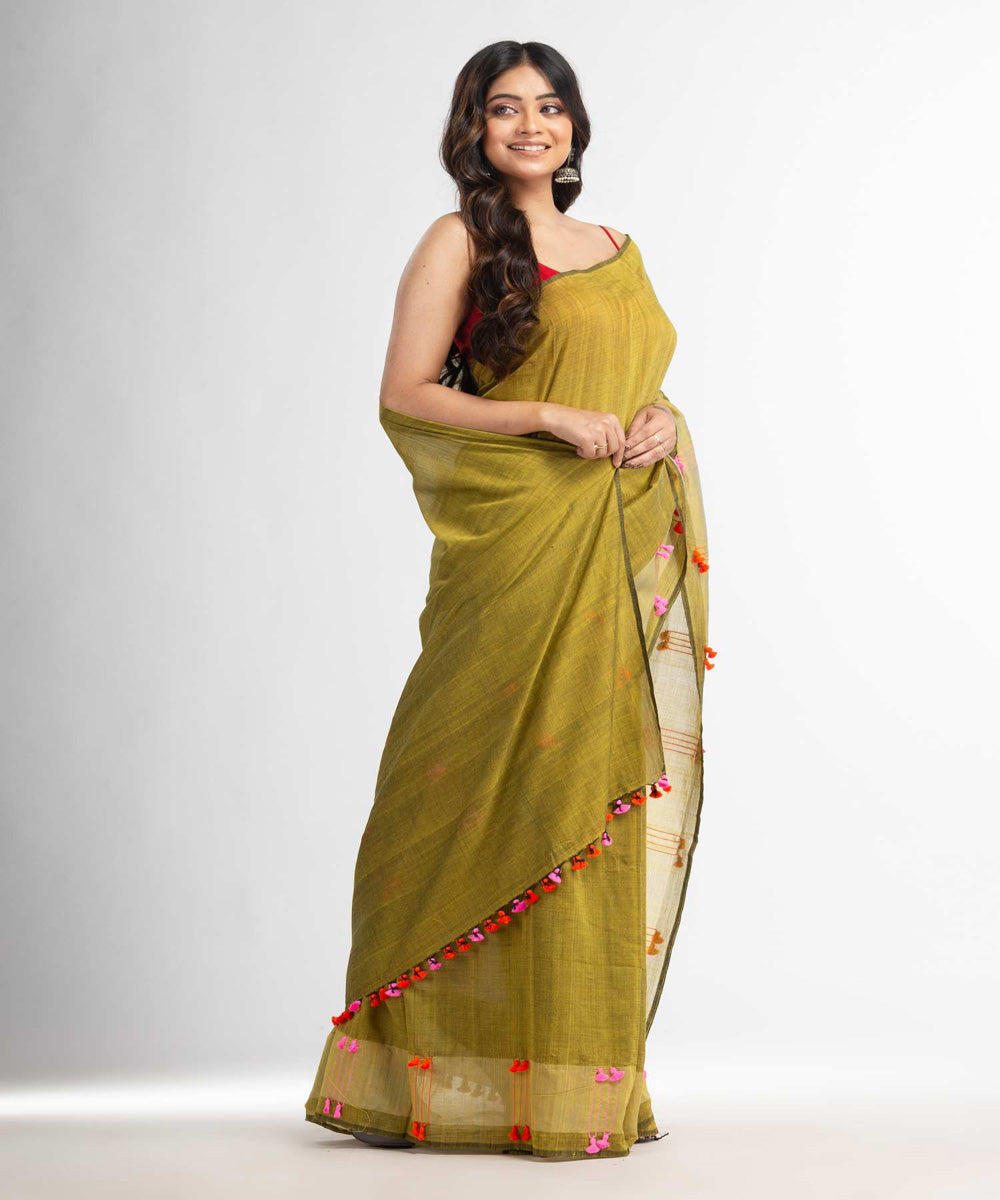 Fern green red handwoven bengal cotton saree