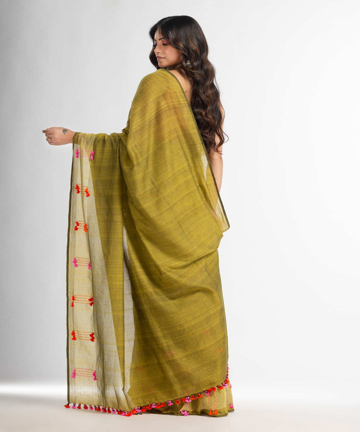 Fern green red handwoven bengal cotton saree