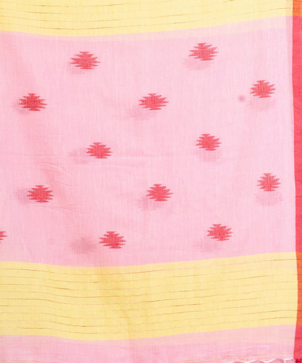 Pink yellow handloom cotton stripes bengal saree