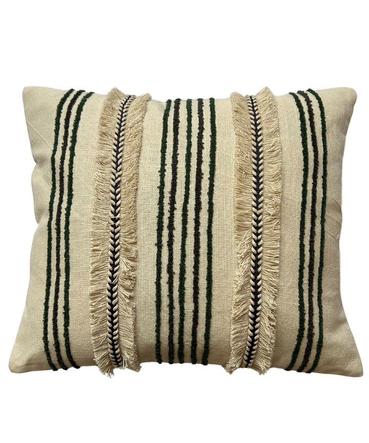 Cream green stripe hand embroidered slub cotton cushion cover