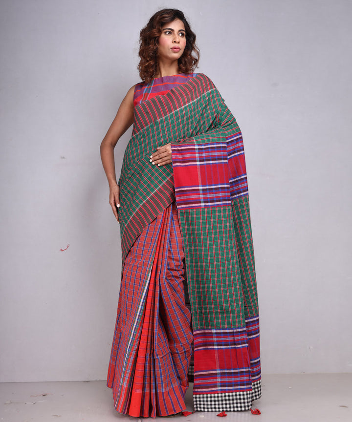 Brown green cotton handloom gamcha saree