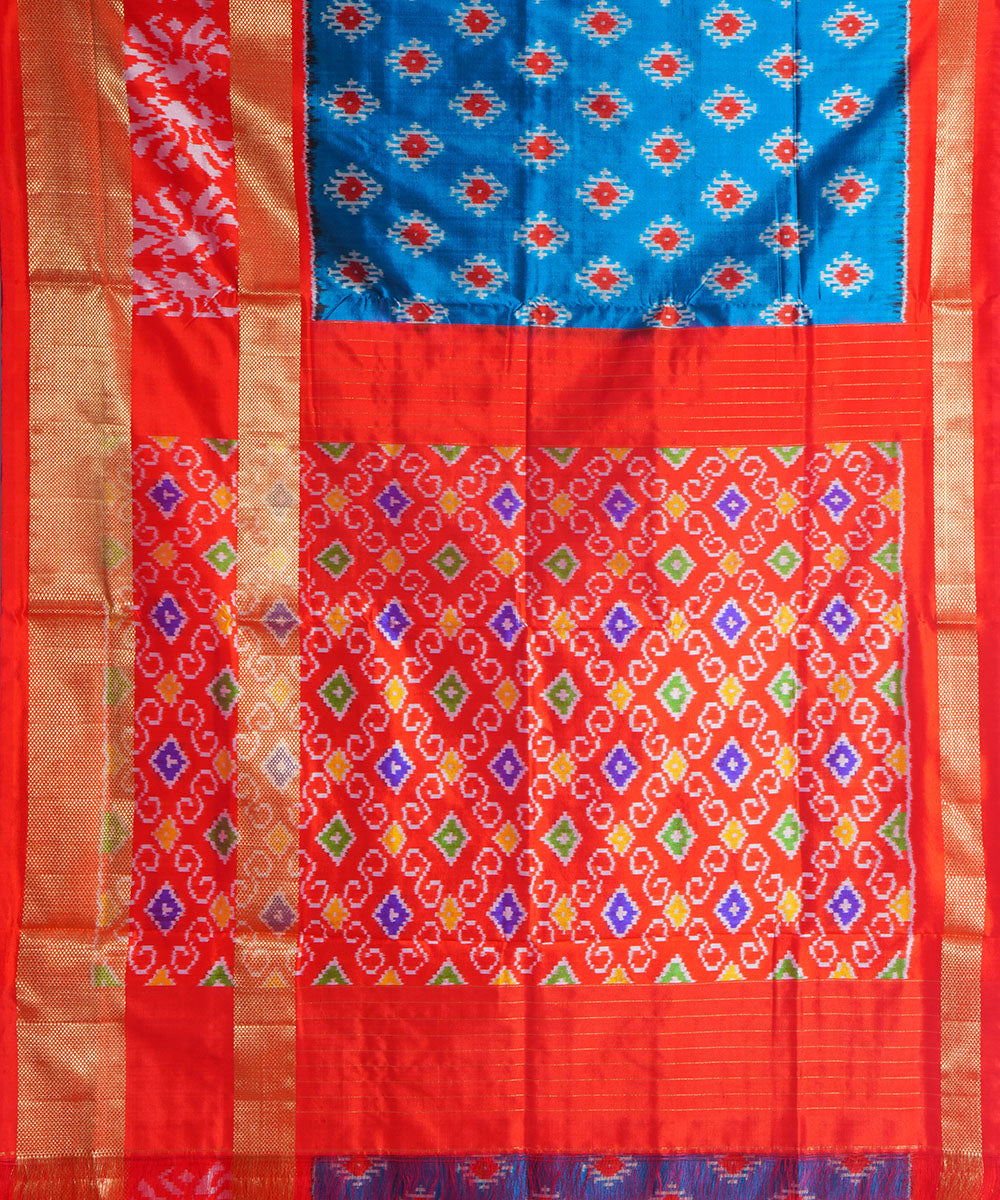 Royal blue red handwoven pochampally ikat silk saree