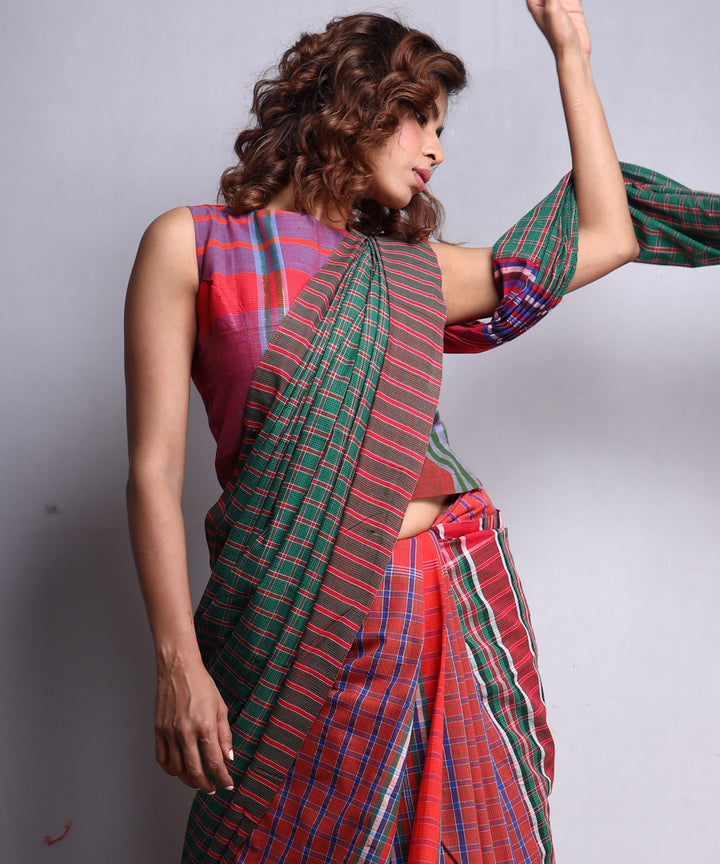 Brown green cotton handloom gamcha saree