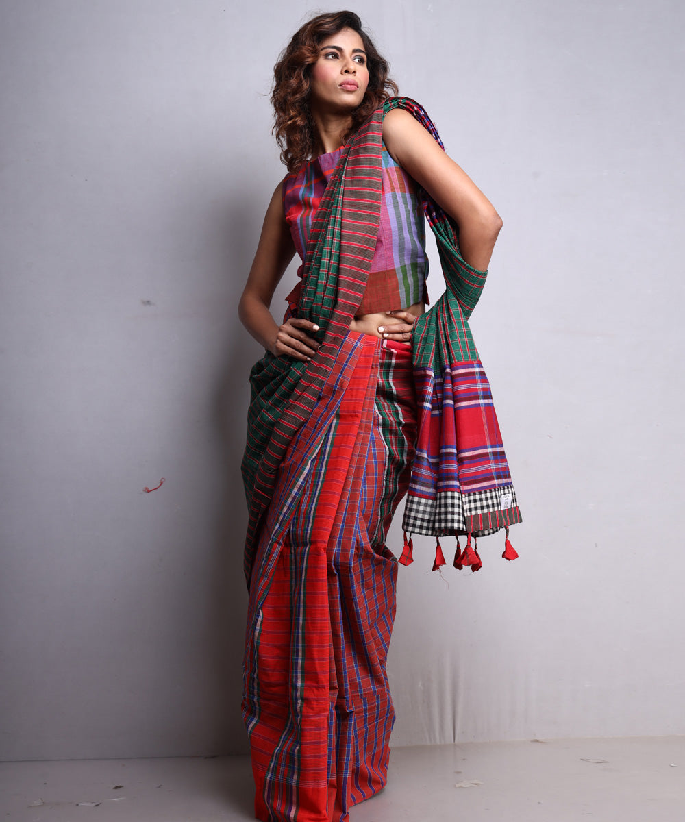 Brown green cotton handloom gamcha saree