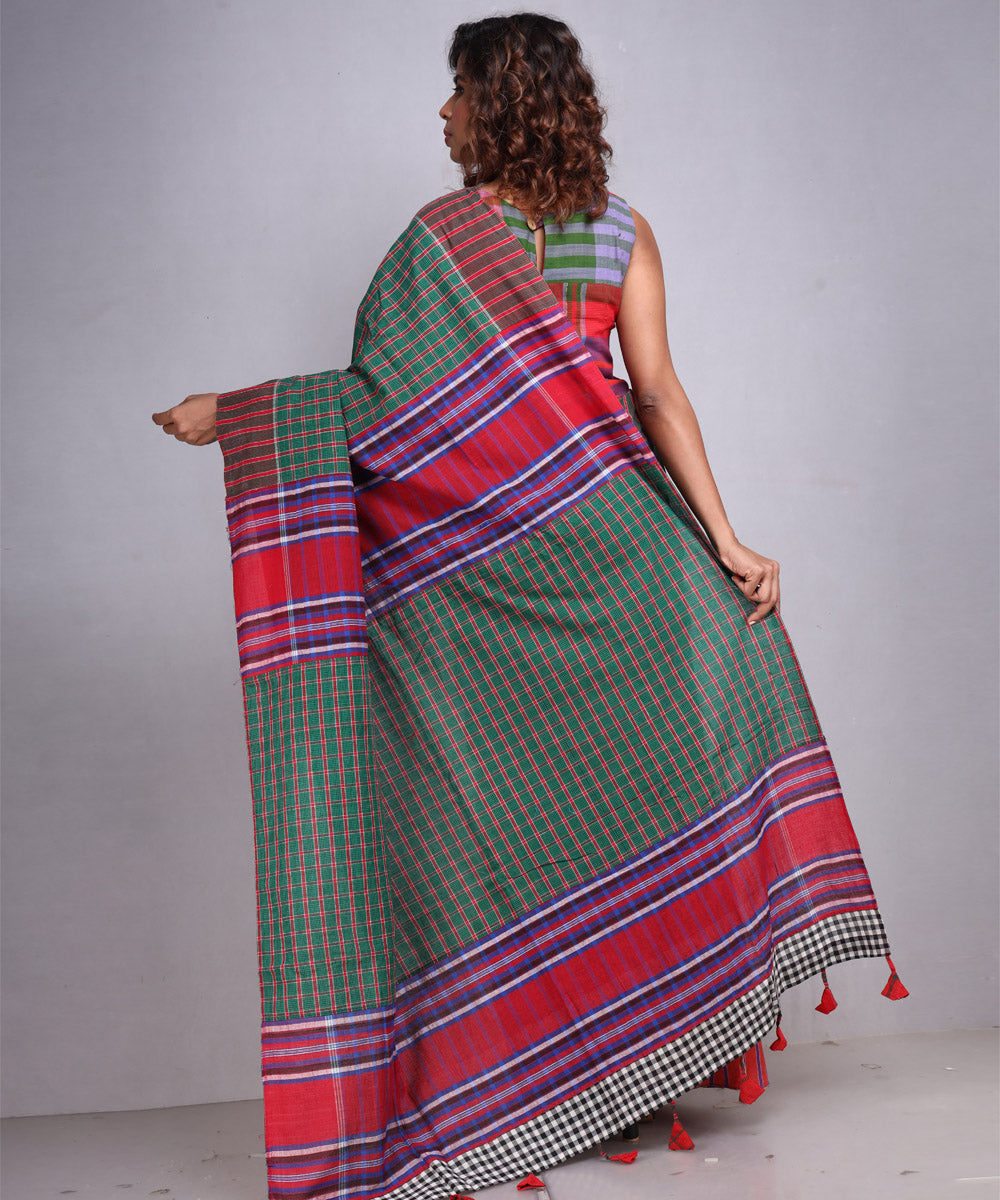 Brown green cotton handloom gamcha saree