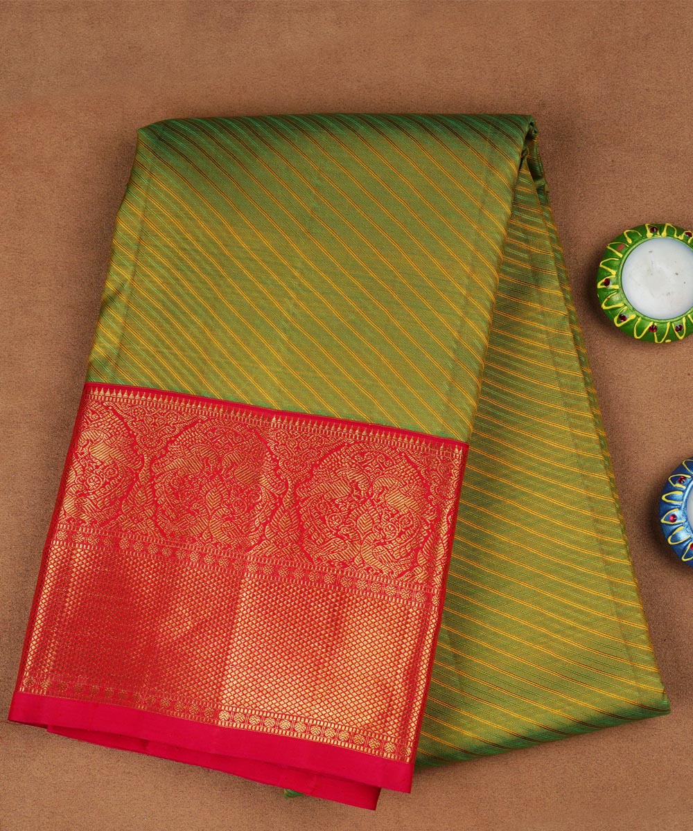 Green with red handwoven kanjivaram silk saree
