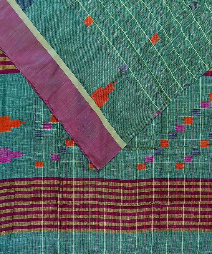 Cyan green purple cotton handloom bengal saree