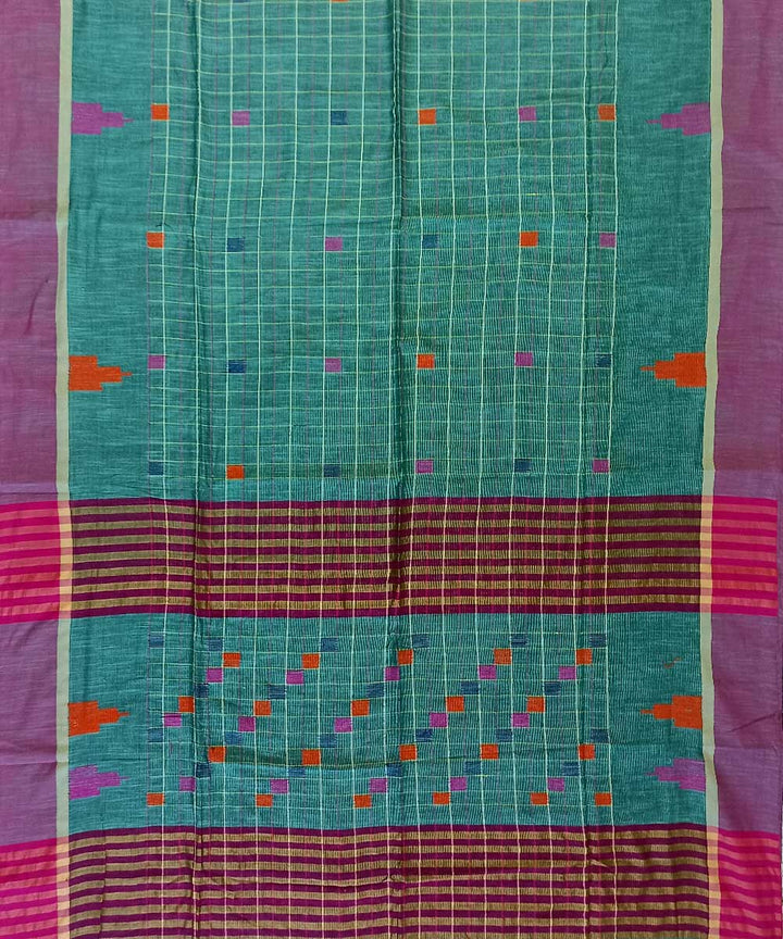 Cyan green purple cotton handloom bengal saree