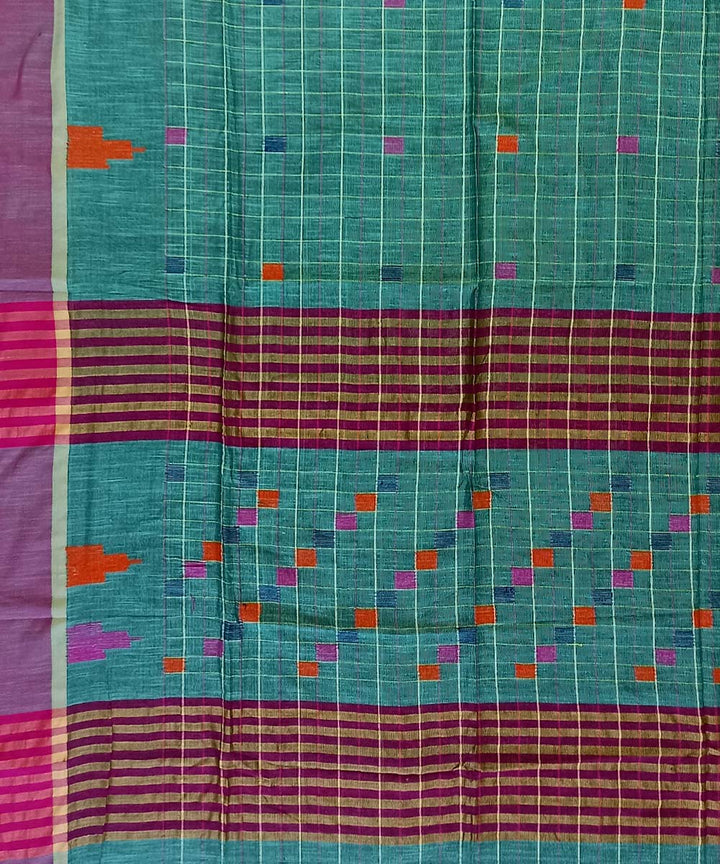 Cyan green purple cotton handloom bengal saree