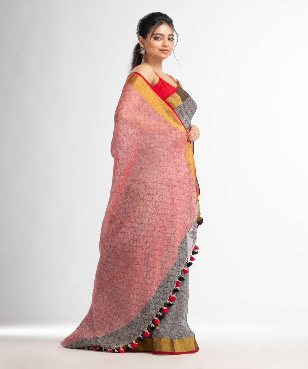 Grey red handwoven bengal linen saree