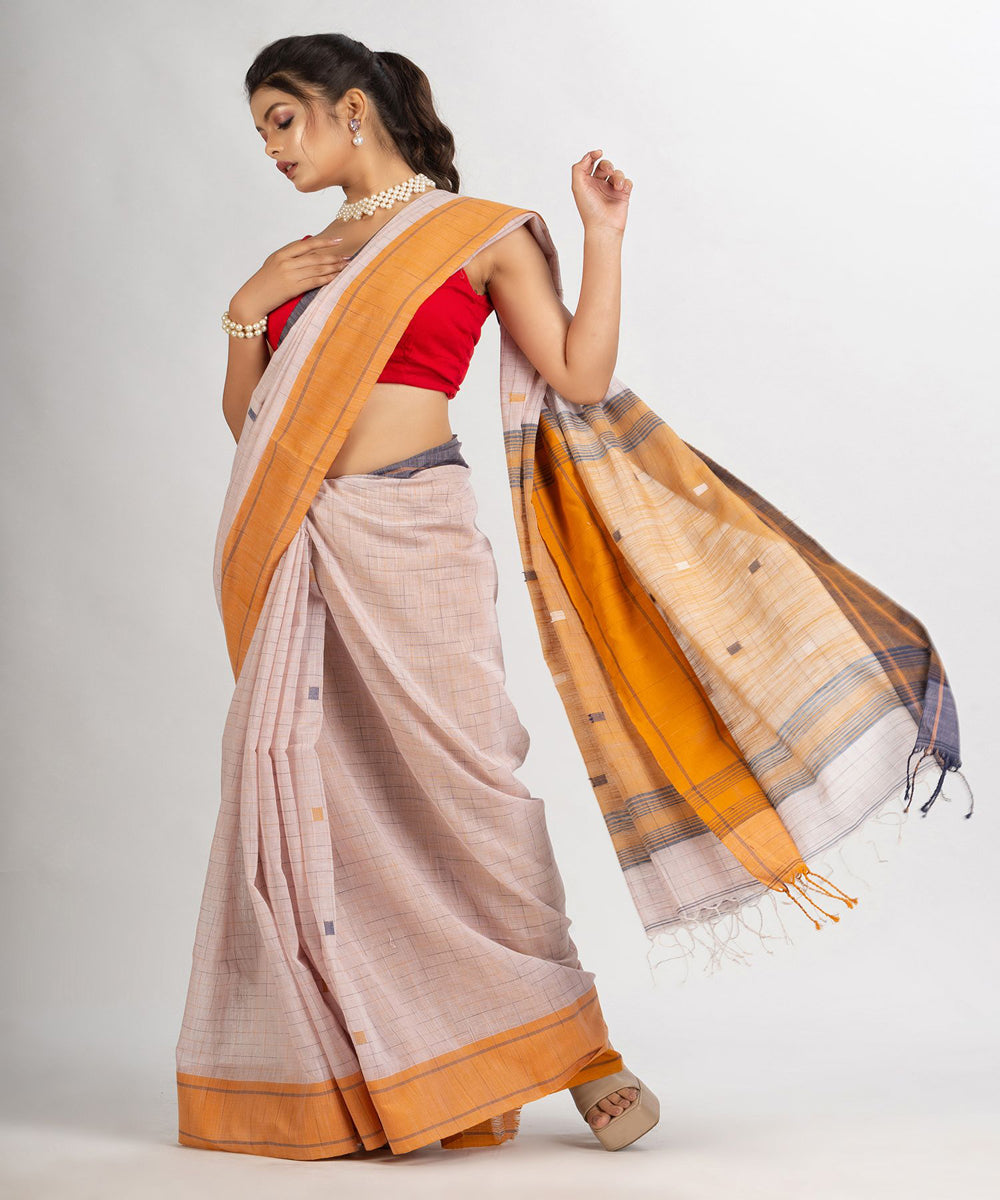Faded pink handwoven cotton bengal saree