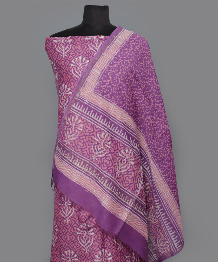 2pc Pink purple handblock print cotton silk dress material