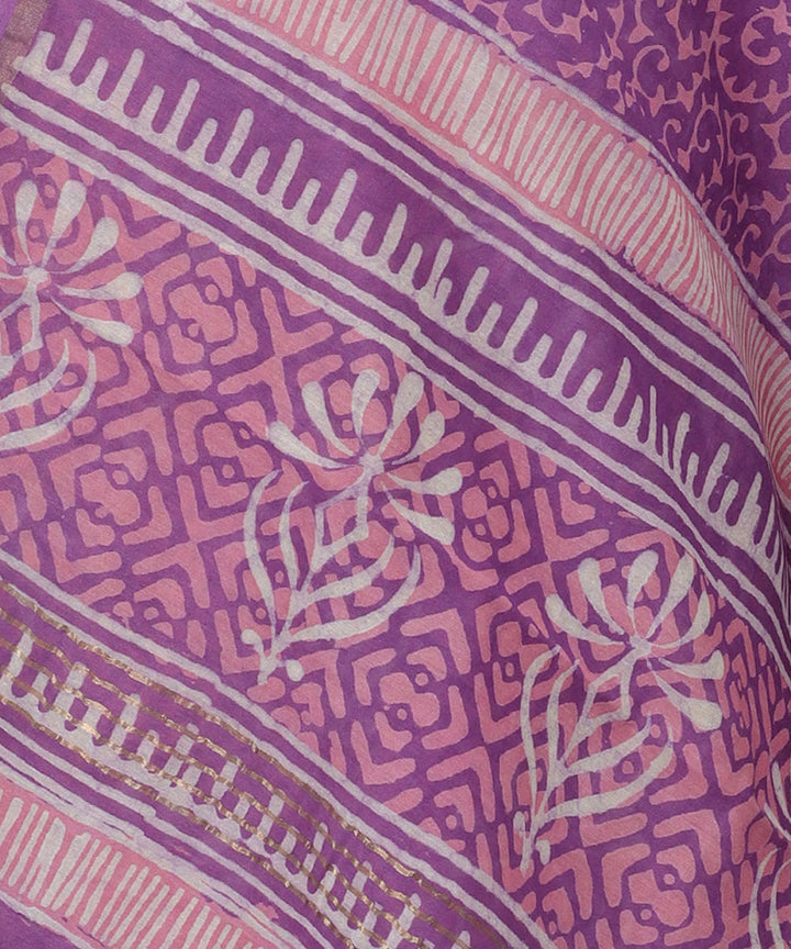 2pc Pink purple handblock print cotton silk dress material