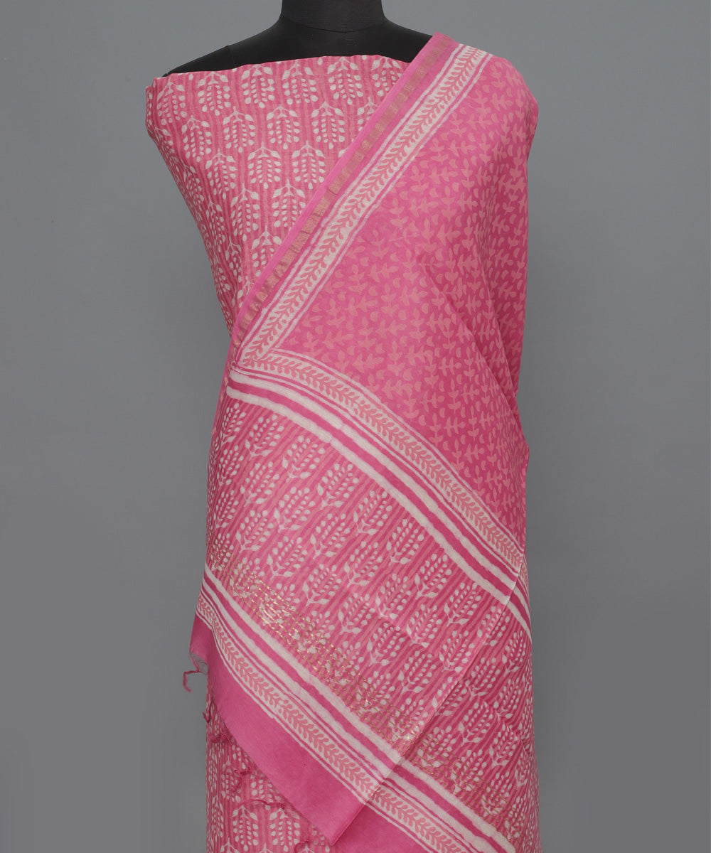 2pc Pink white handblock print cotton silk dress material