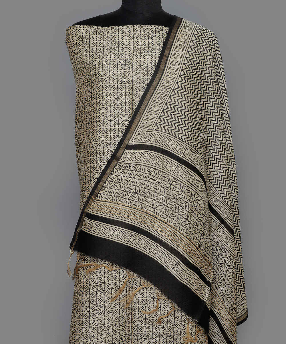 2pc Off white black handblock print cotton silk dress material