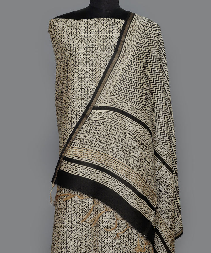 2pc Off white black handblock print cotton silk dress material
