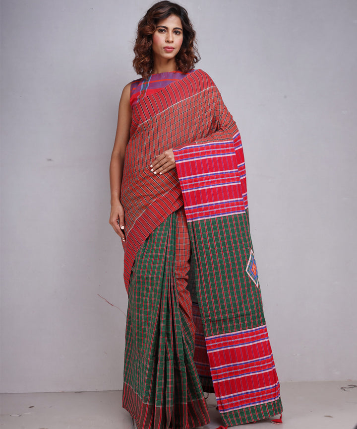 Brown red green cotton handloom gamcha saree