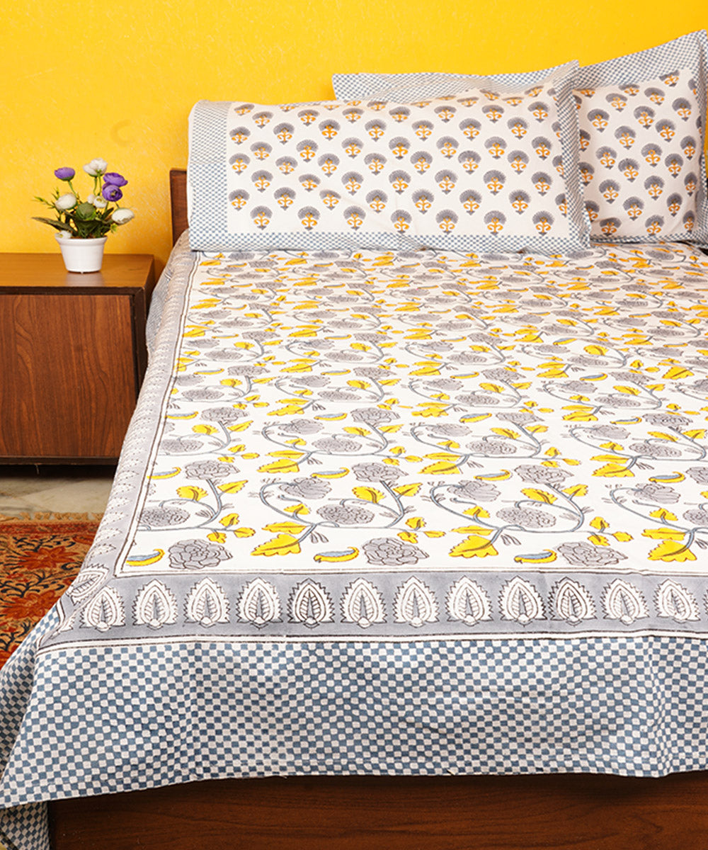 White multicolor all over hand block printed cotton double bedsheet
