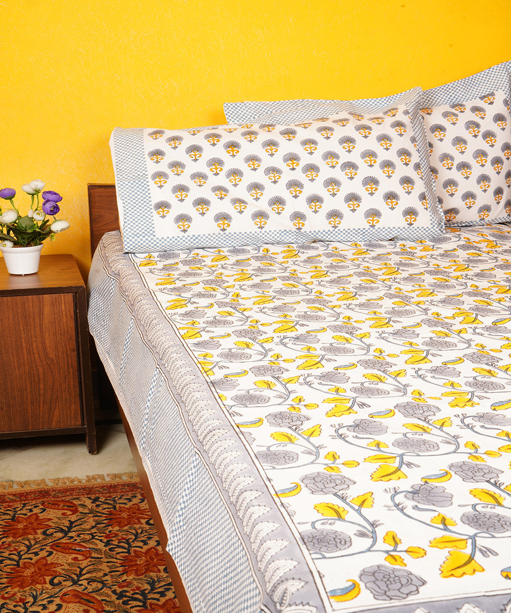 White multicolor all over hand block printed cotton double bedsheet