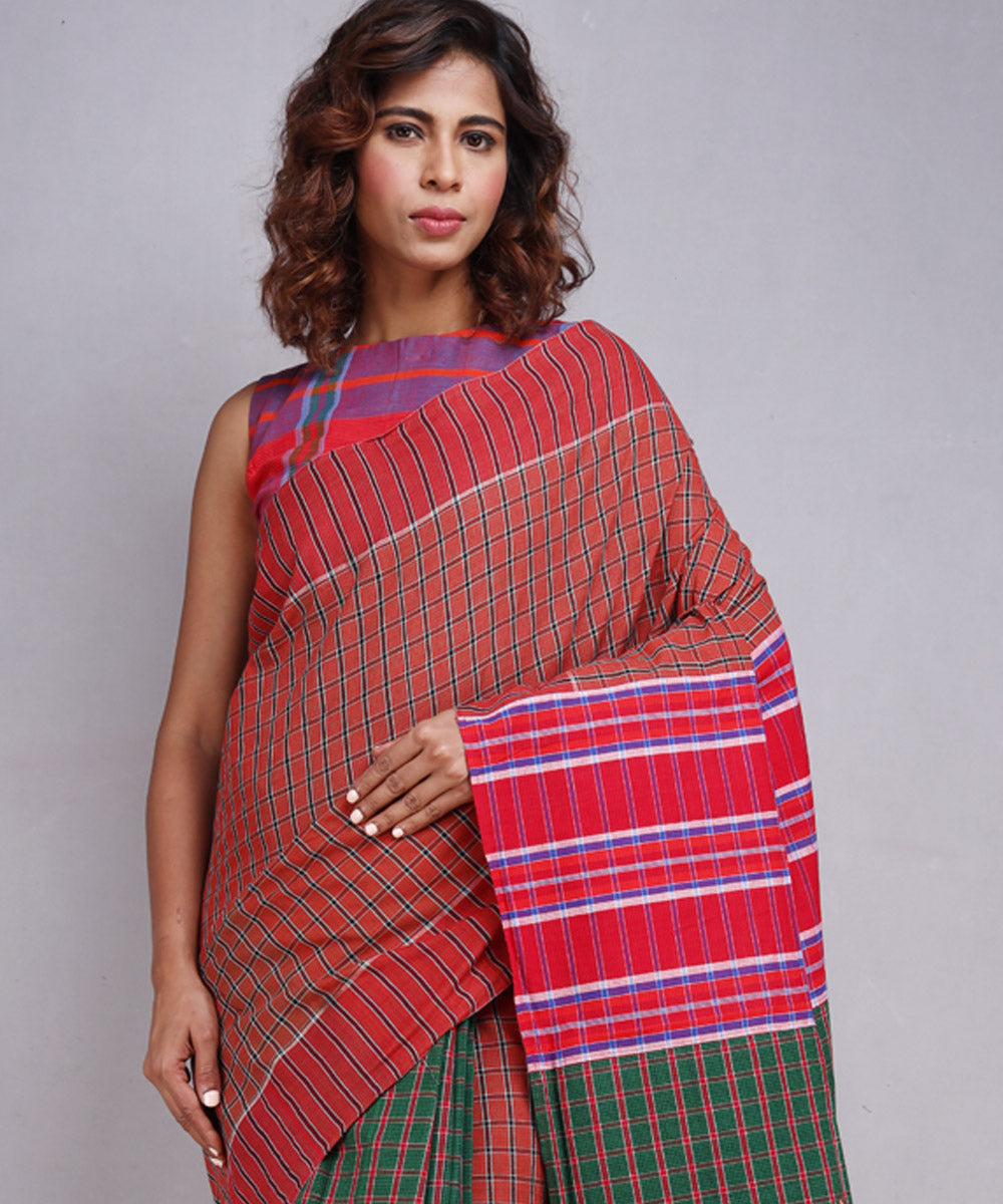 Brown red green cotton handloom gamcha saree