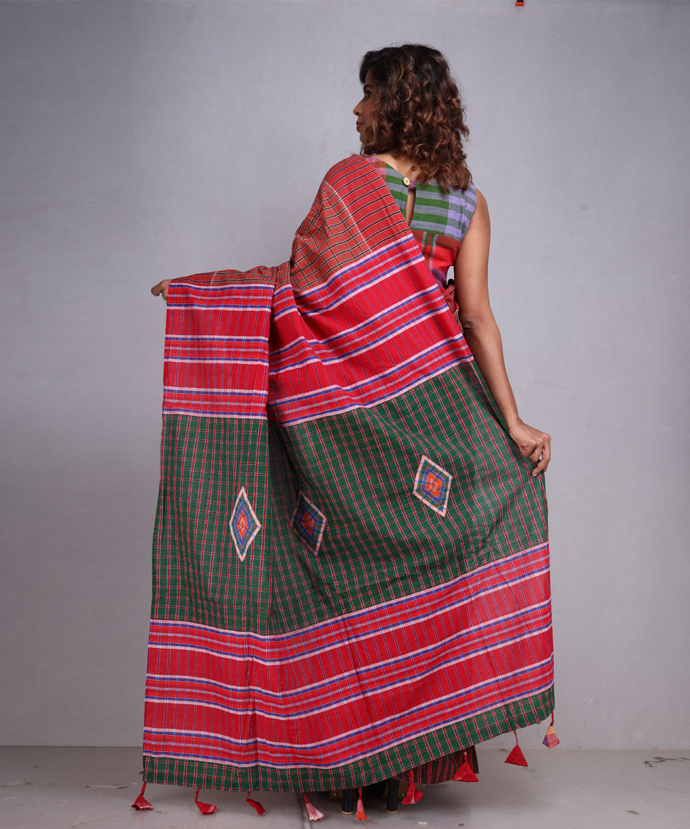 Brown red green cotton handloom gamcha saree