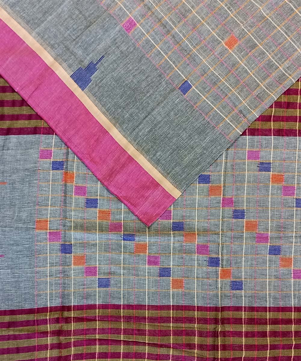Grey pink cotton handloom bengal saree
