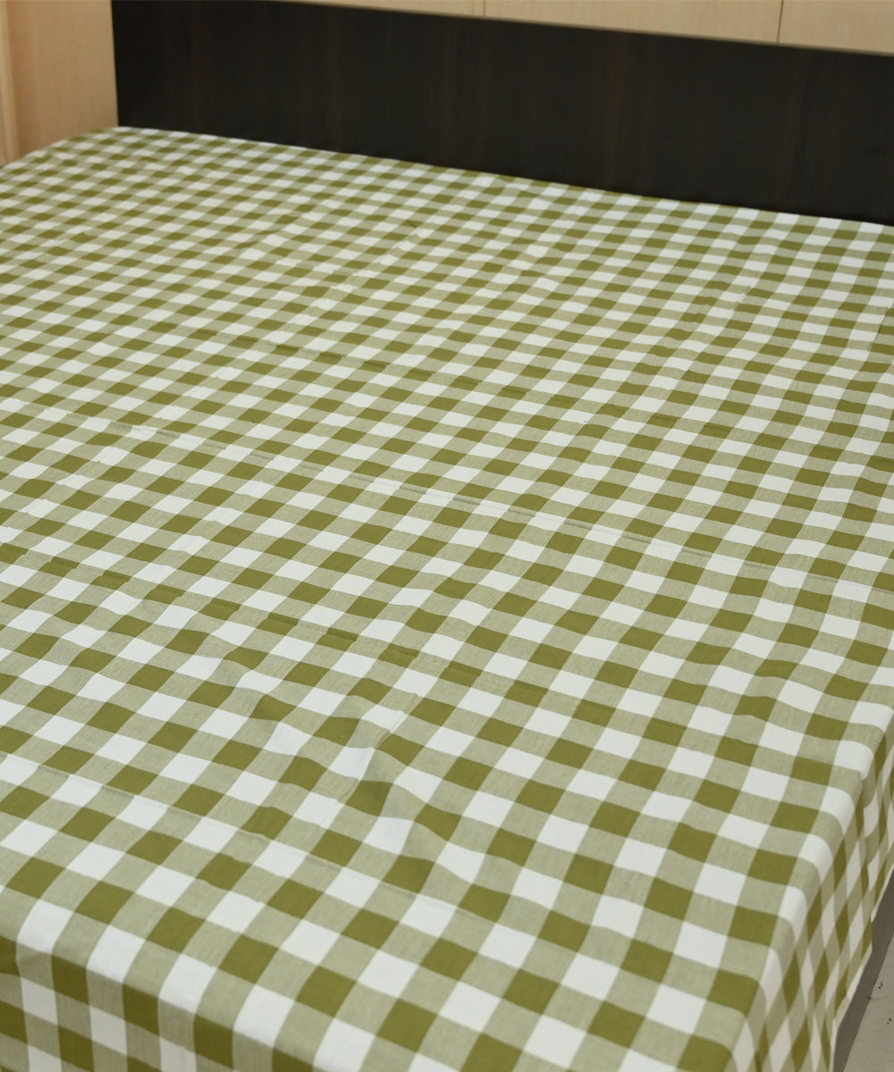 White bud green checked handmade sambalpuri cotton bedsheet