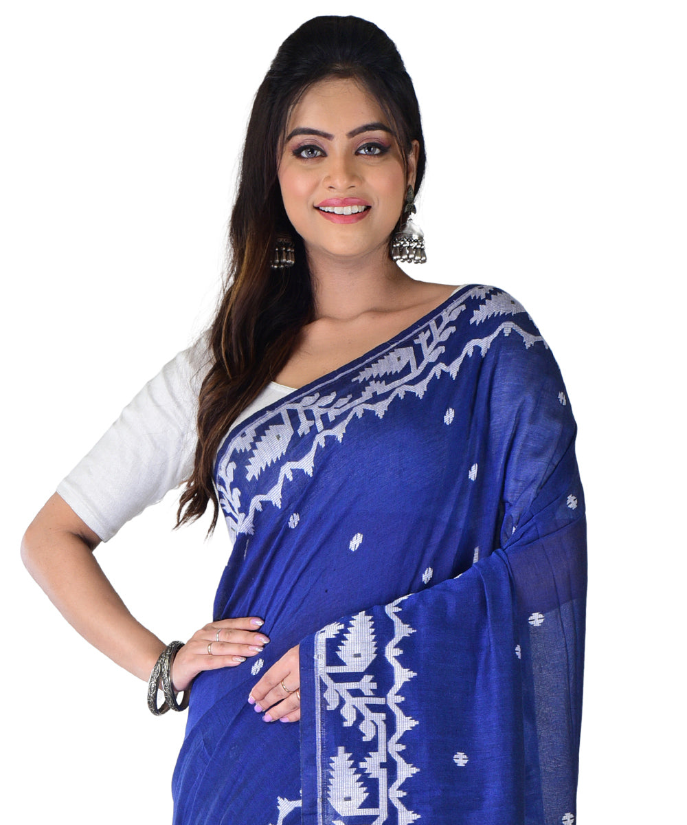 Navy blue white handwoven cotton saree