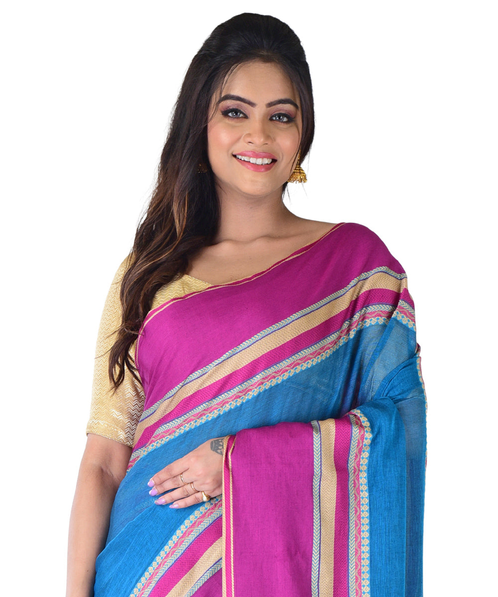 Cyan blue violet handwoven cotton saree