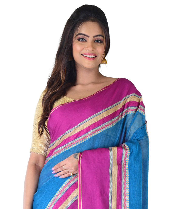 Cyan blue violet handwoven cotton saree