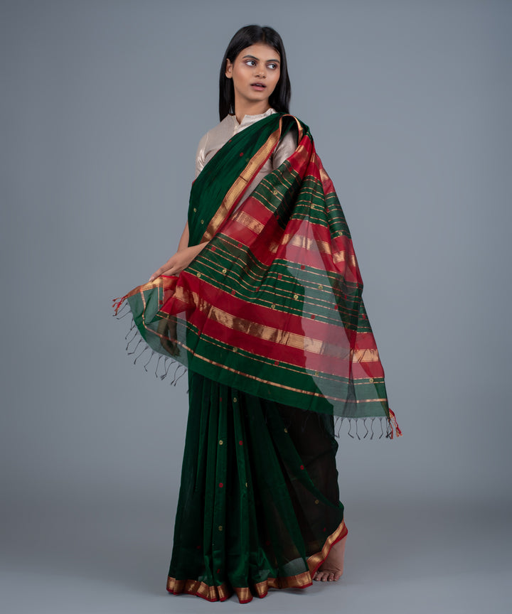 Green red handwoven maheshwari cotton silk saree