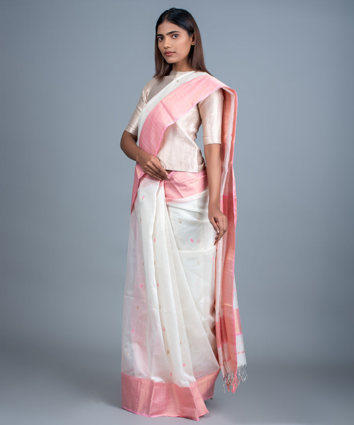 White pink handwoven maheshwari cotton silk saree