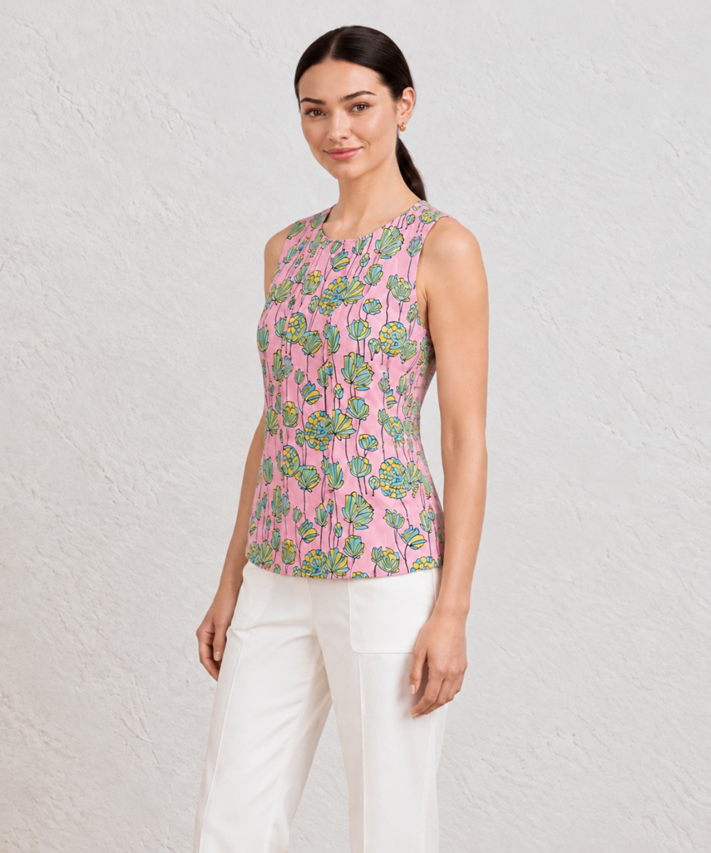 Pink floral hand block printed cotton sleevless top