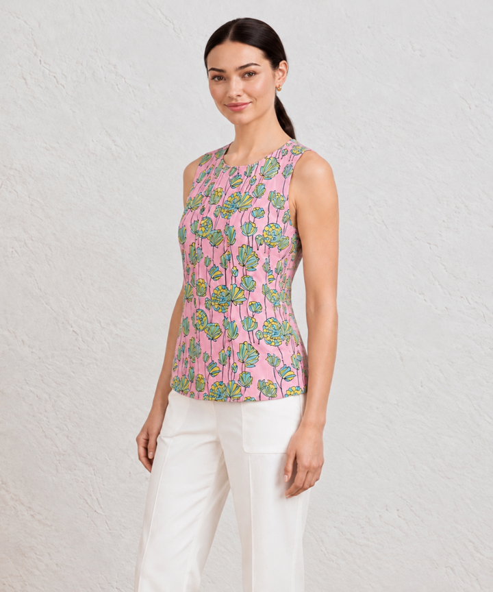 Pink floral hand block printed cotton sleevless top