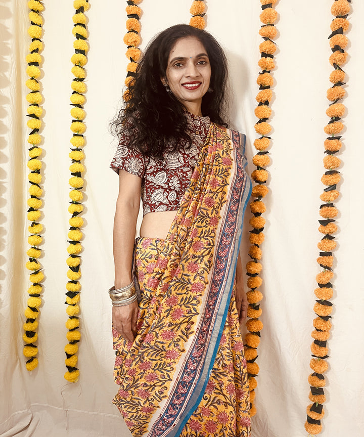 Yellow hand block sanganeri print chanderi sico saree