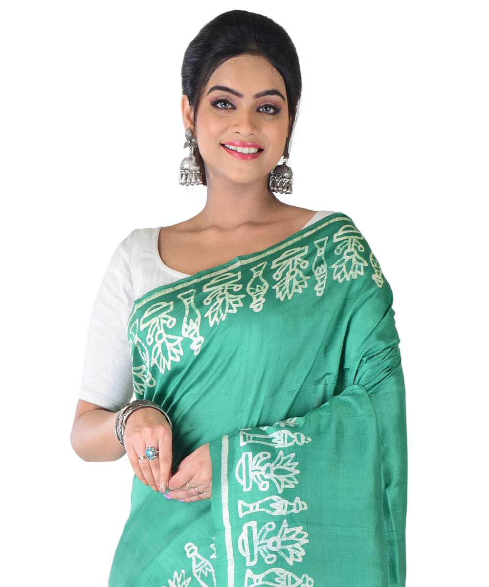 Light green offwhite hand printed silk saree