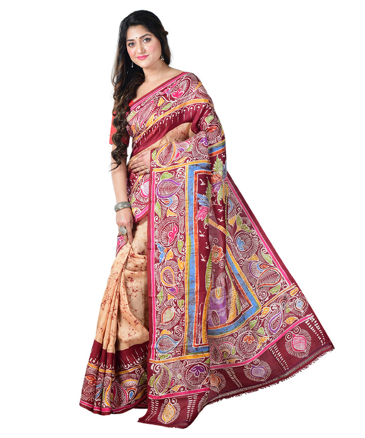 Brown multicolor batik print handprinted silk saree