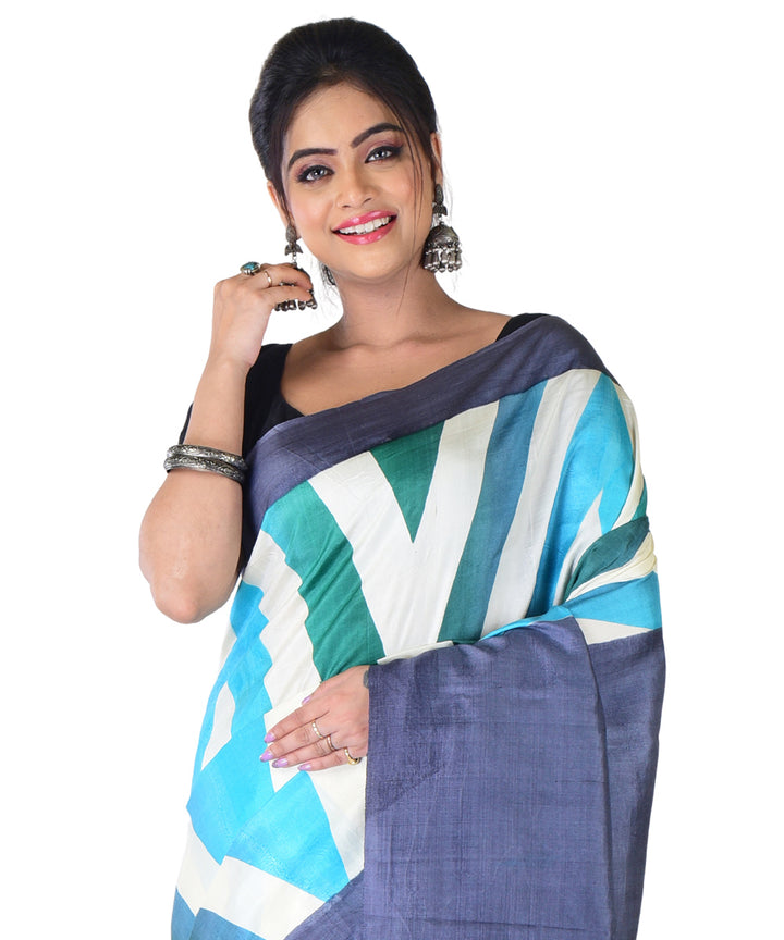 White striped multicolor hand printed silk saree