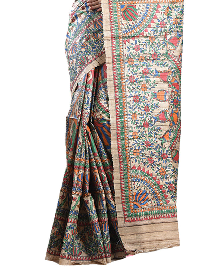 Beige multicolor tussar silk handloom madhubani painting saree