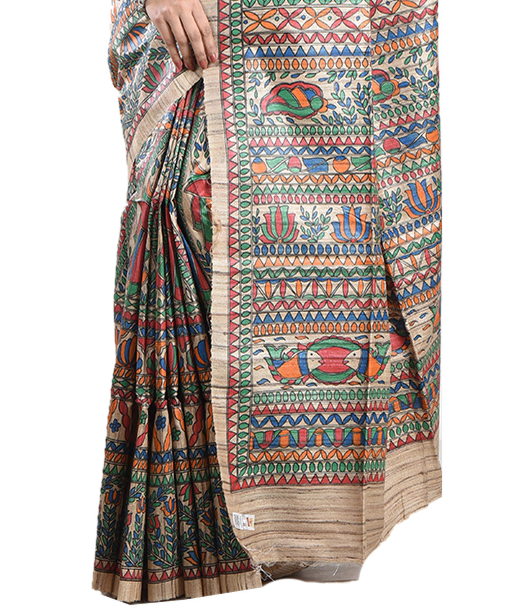 Beige multicolor handwoven tussar silk madhubani painting saree
