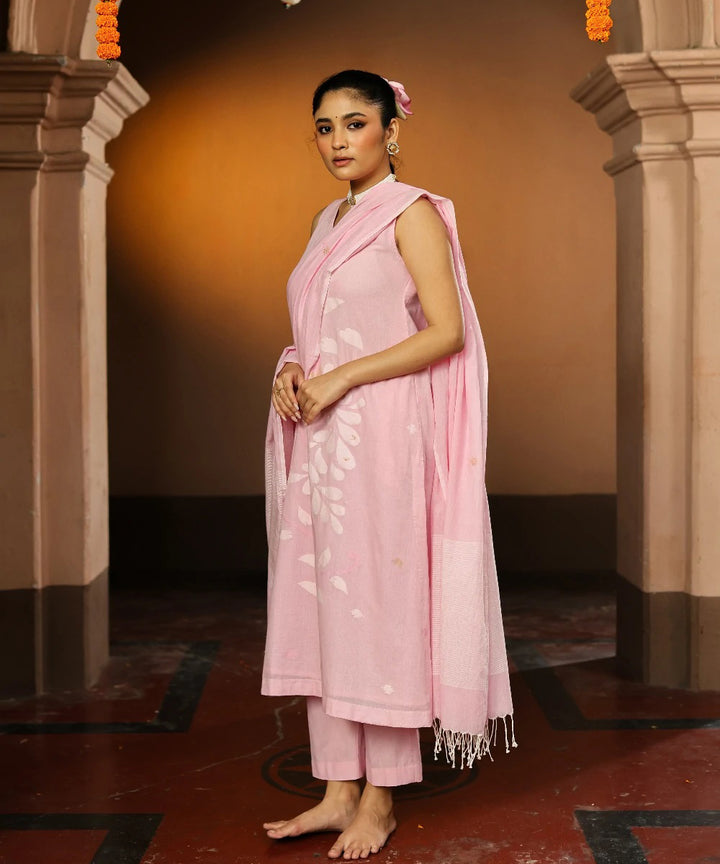 Handloom pastel pink cotton zari jamdani kurta set with dupatta