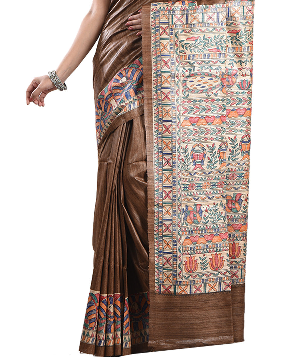Brown multicolor handloom tussar silk madhubani painting saree