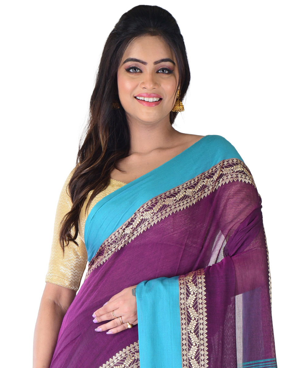Purple cyan blue handwoven cotton saree
