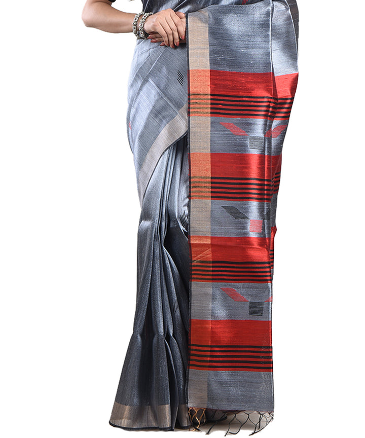 Grey red handwoven tussar silk saree