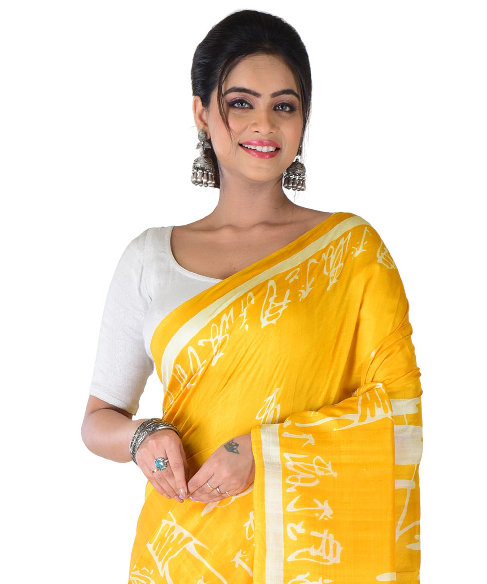 Yellow white hand printed silk saree