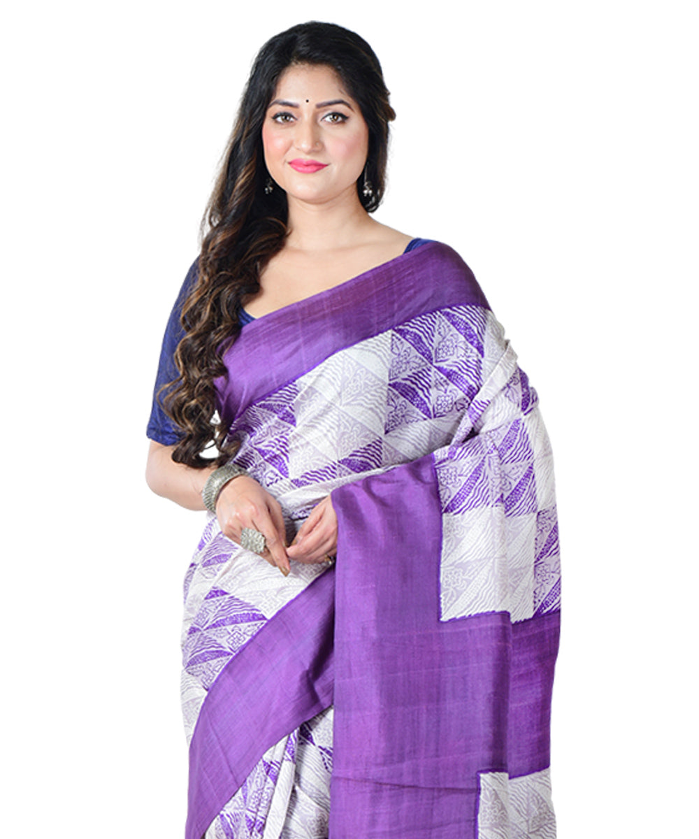 Purple purple block print handprinted silk saree