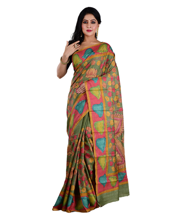 Multicolor olive green hand printed tussar silk saree