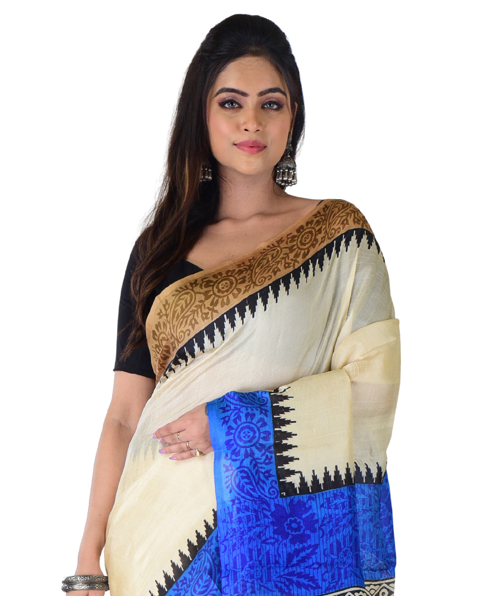 White navy blue hand printed silk saree