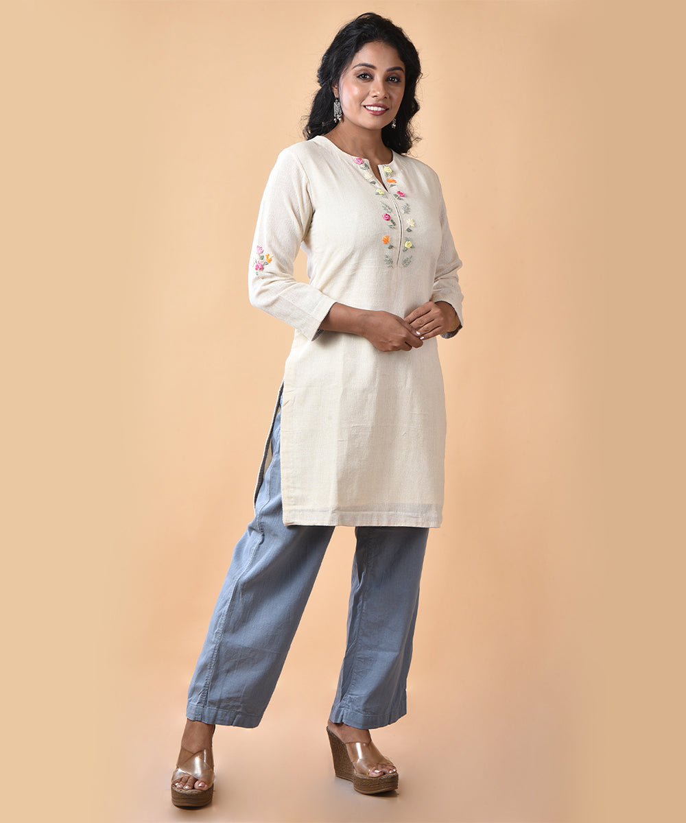 Cream handwoven cotton angrakha jamdani kurti