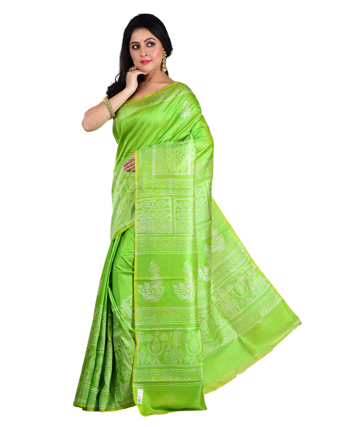 Light green hand printed silk saree